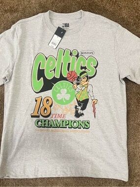 NBA Boston Celtics Gray Tee with Green, Black and Orange Graphic